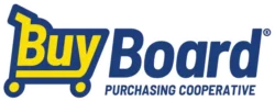 Logo for BuyBoard Purchasing Cooperative. The word Buy is styled inside a yellow and blue shopping cart, followed by Board and Purchasing Cooperative in blue text.