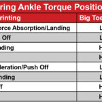 The Spring Ankle chart displays 8 torque positions, details running/sprinting benefits, and shows big toe/heel as high or low plus heel orientation (in/out).