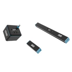 Three black and blue OVR Performance Jump devices: one box with a small screen and antenna, plus two rectangular bars of varying lengths.