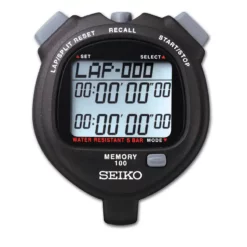 The Seiko S056 100 Memory Stopwatch is black with a large all-zero digital display. Top buttons are labeled Lap/Split Reset, Recall, and Start/Stop. The face displays Water Resistant 5 Bar and Memory 100.