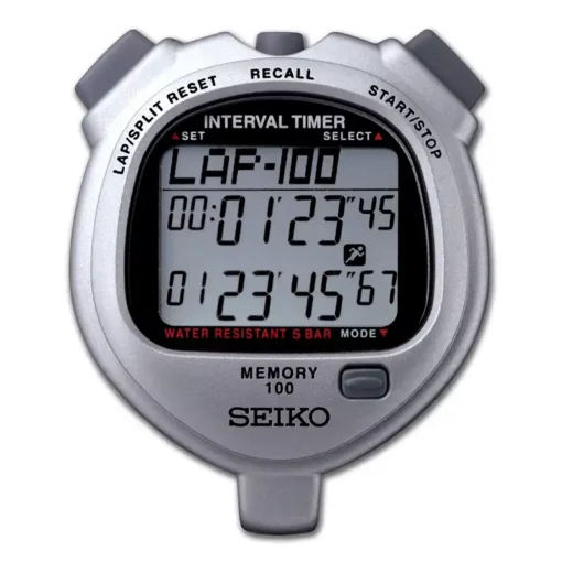 The Seiko S057 Interval Dual Timer Stopwatch features a silver design, displays lap time, timer, and memory on its screen, with buttons for lap/split reset, recall, and start/stop. Water Resistant 5 Bar is shown in red.