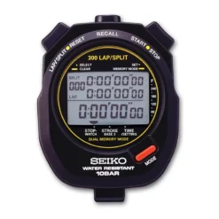 The Seiko features a black design, digital display with multiple timing modes, buttons for Lap/Split-Reset, Recall, Start-Stop, and Mode, plus text indicating water resistance up to 10 bar.