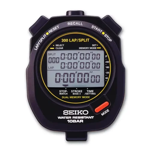The Seiko features a black design, digital display with multiple timing modes, buttons for Lap/Split-Reset, Recall, Start-Stop, and Mode, plus text indicating water resistance up to 10 bar.