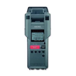 The Seiko S149 Printing Stopwatch features a digital display, black and gray body, red lap/split reset button, multiple timing control buttons, and shows digital lap times with memory indicators on the screen.