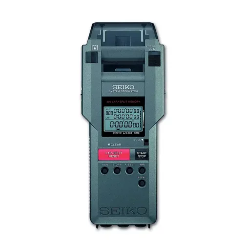The Seiko S149 Printing Stopwatch features a digital display, black and gray body, red lap/split reset button, multiple timing control buttons, and shows digital lap times with memory indicators on the screen.