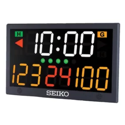 The Seiko KT601 Scoreboard displays a digital timer at 10:00 with scores: Home (H) 123 and Guest (G) 100. Digits appear in bright white, yellow, and red for clear visibility.