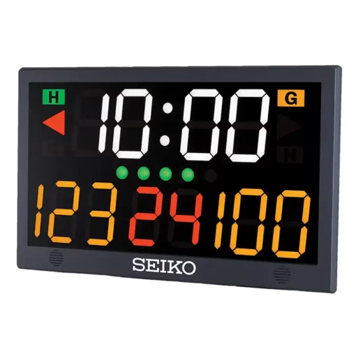The Seiko KT601 Scoreboard displays a digital timer at 10:00 with scores: Home (H) 123 and Guest (G) 100. Digits appear in bright white, yellow, and red for clear visibility.