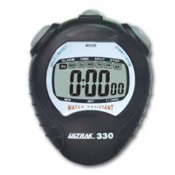 A black Ultrak 330 digital stopwatch displaying all zeros on its screen, with buttons labeled Split/Reset and Start/Stop and the words Water Resistant in red below the display.