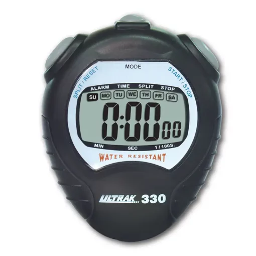 A black Ultrak 330 digital stopwatch displaying all zeros on its screen, with buttons labeled Split/Reset and Start/Stop and the words Water Resistant in red below the display.