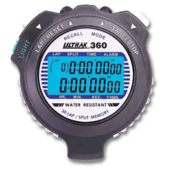 A digital Ultrak 360 stopwatch with a blue LCD screen displaying all zeros. The device has buttons labeled Light, Lap/Reset, Start/Stop, and features for lap, split, time, and alarm.