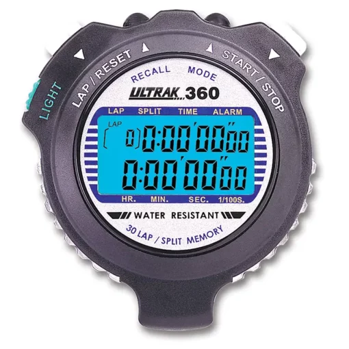 A digital Ultrak 360 stopwatch with a blue LCD screen displaying all zeros. The device has buttons labeled Light, Lap/Reset, Start/Stop, and features for lap, split, time, and alarm.