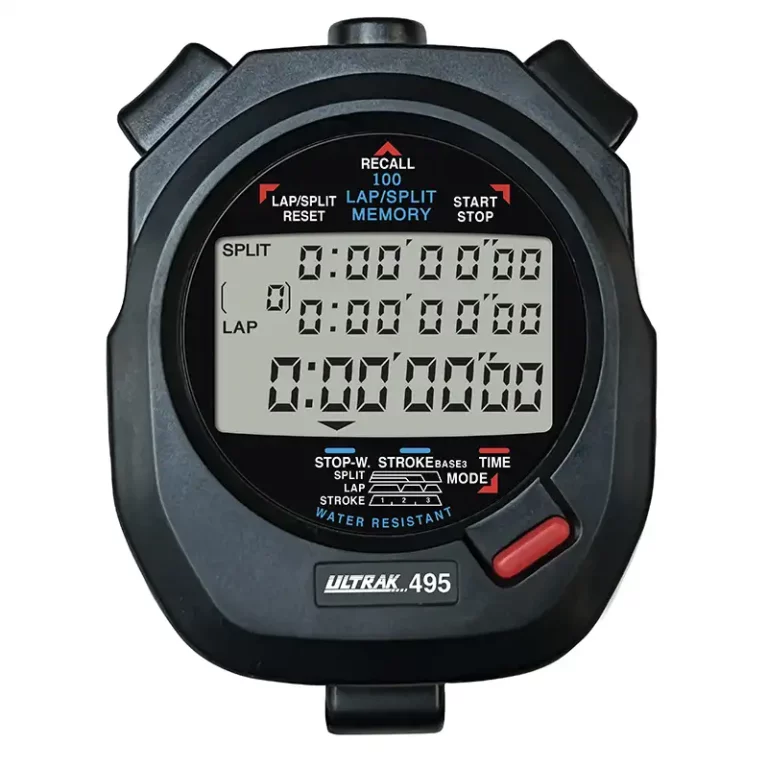 A black digital stopwatch with multiple buttons and a display showing time, split, and lap information. The brand Ultrak 495 is visible at the bottom. A red button is on the lower right side.