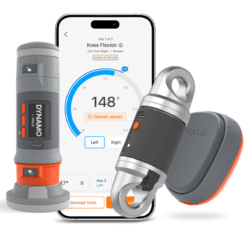 Three VALD ForceFrame devices, featuring gray and orange digital and metallic components, are shown in front of a smartphone displaying a knee flexion range-of-motion app with a 148-degree measurement.