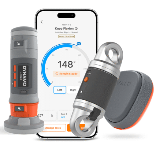 Three VALD ForceFrame devices, featuring gray and orange digital and metallic components, are shown in front of a smartphone displaying a knee flexion range-of-motion app with a 148-degree measurement.