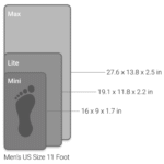 Three overlapping rectangles labeled Max (27.6×13.8×2.5 in), Lite (19.1×11.8×2.2 in), and Mini (16×9×1.7 in) represent the VALD ForceFrame sizes, each shown alongside a mens US size 11 foot for comparison.