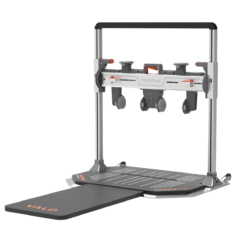 The VALD ForceFrame features a padded mat, upright metal frame, adjustable handles, and foot platform for strength testing and physical assessments.