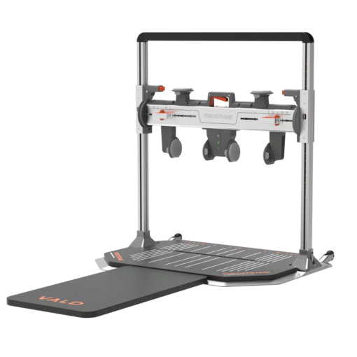 The VALD ForceFrame features a padded mat, upright metal frame, adjustable handles, and foot platform for strength testing and physical assessments.