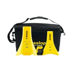 A black carrying case with a shoulder strap is behind two yellow electronic timing devices and a small black sensor, all branded freelap. The items are for athletic timing and training purposes.