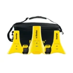 Set of four yellow electronic timing gates and two small display devices arranged in front of a black carrying bag with a shoulder strap. The items are labeled “freelap” and “e-Starter.”.