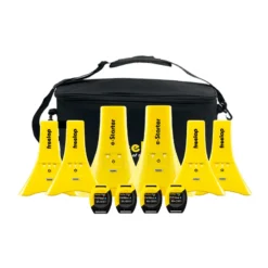 A black carrying bag is placed behind six yellow timing gates and four small black electronic devices, all labeled “freelap.” The equipment is arranged in two rows on a white background.