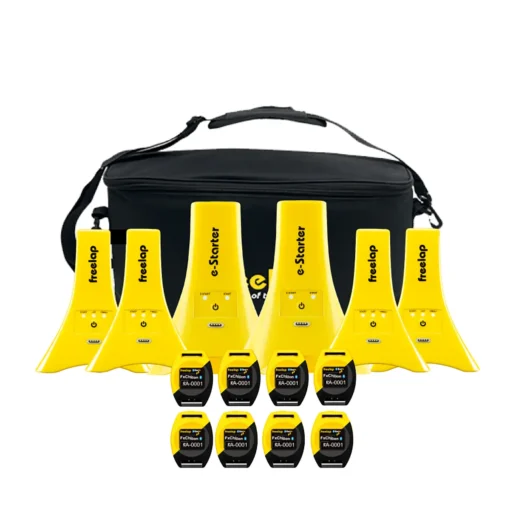 The Freelap Timing Pack 824 includes yellow electronic timing gates with black bases, compact black sensors, and a black carrying bag, all arranged neatly in front of the bag.