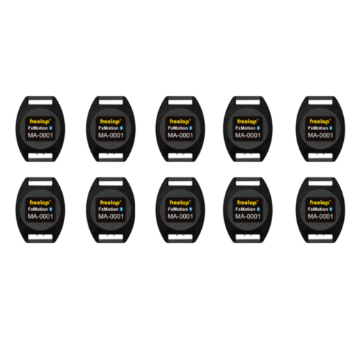 Ten identical Freelap FxChip BLE devices from the 10 Pack are arranged in two rows of five against a white background, each displaying the Freelap logo and model number in yellow and white text.