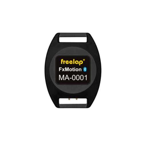 A black, oval-shaped electronic device labeled Freelap FxMotion Chip with a Bluetooth symbol, featuring two rectangular openings at the top and bottom.