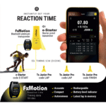 A runner prepares to sprint next to an e-Starter. The Freelap FxMotion Chip system, displayed on a smartphone, tracks reaction time and laps with Bluetooth timing accuracy, compact design, rechargeable battery, and other key features.