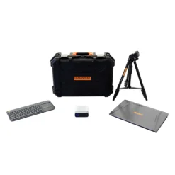 The VALD HumanTrak portable motion analysis kit includes a black carrying case, tripod, wireless keyboard, projector, and a flat rectangular device, all displayed on a white background.