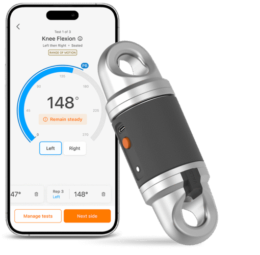 A smartphone displays a knee flexion test app showing a 148° angle next to the VALD Dynamo Max, a compact cylindrical medical device with metal looped ends and a black grip, designed for measuring joint movement.