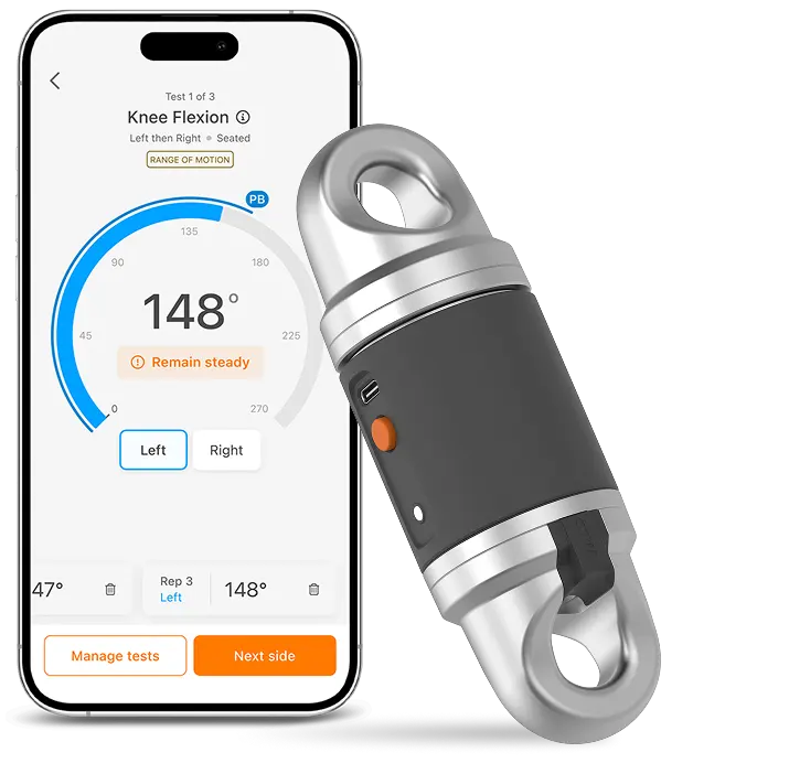 A smartphone displays a knee flexion test app showing a 148° angle next to the VALD Dynamo Max, a compact cylindrical medical device with metal looped ends and a black grip, designed for measuring joint movement.
