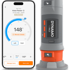 A smartphone shows a knee flexion test app with a 148° angle, next to a gray and orange VALD Dynamo Plus (Copy) device, used for measuring joint movement.