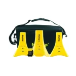A set of three yellow electronic timing gates and a small black device are displayed in front of a black carrying bag with a shoulder strap and the freelap logo.