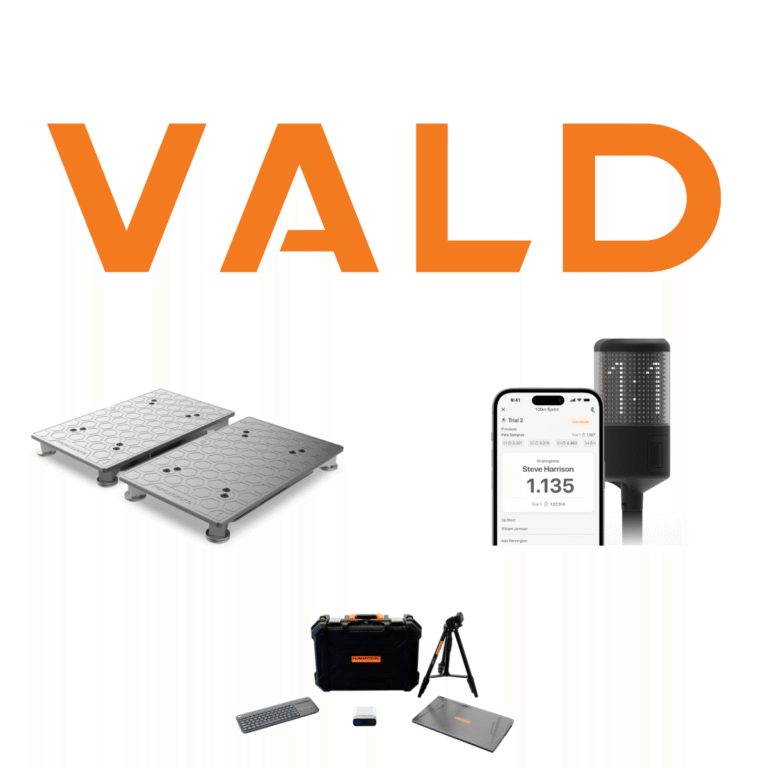 The image features the orange word VALD at the top, metal force plates on the left, a phone and handheld device on the right, and a portable equipment kit with a tripod, keyboard, and case at the bottom.