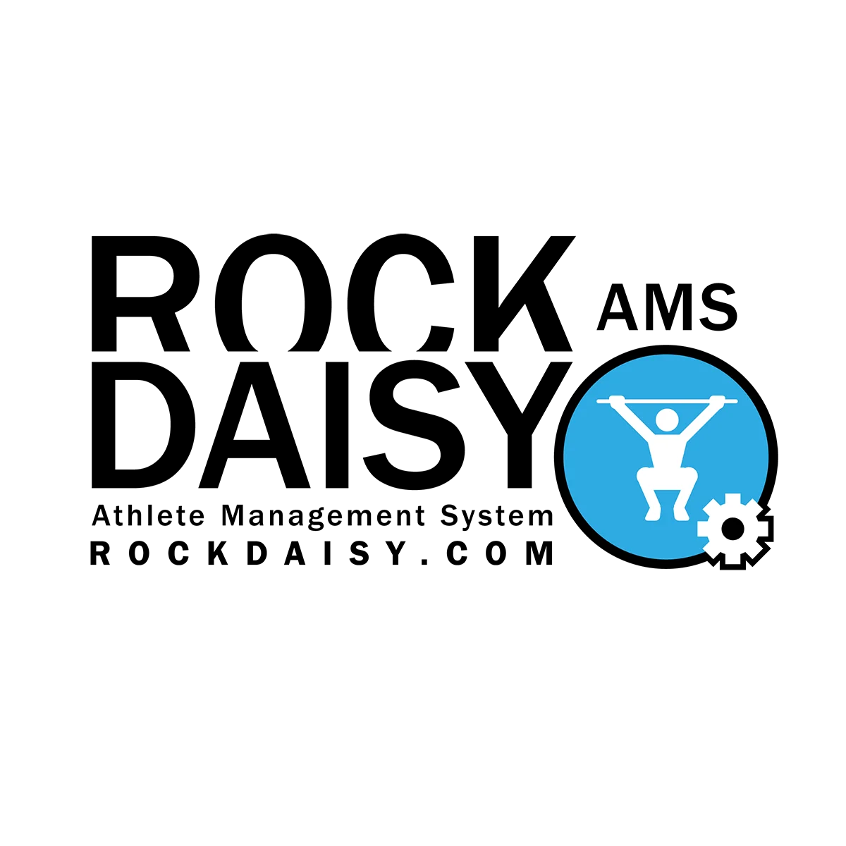 A stylized blue circle with a white figure lifting a barbell inside it, next to black horizontal lines resembling text, and a small white gear icon in the lower right corner.