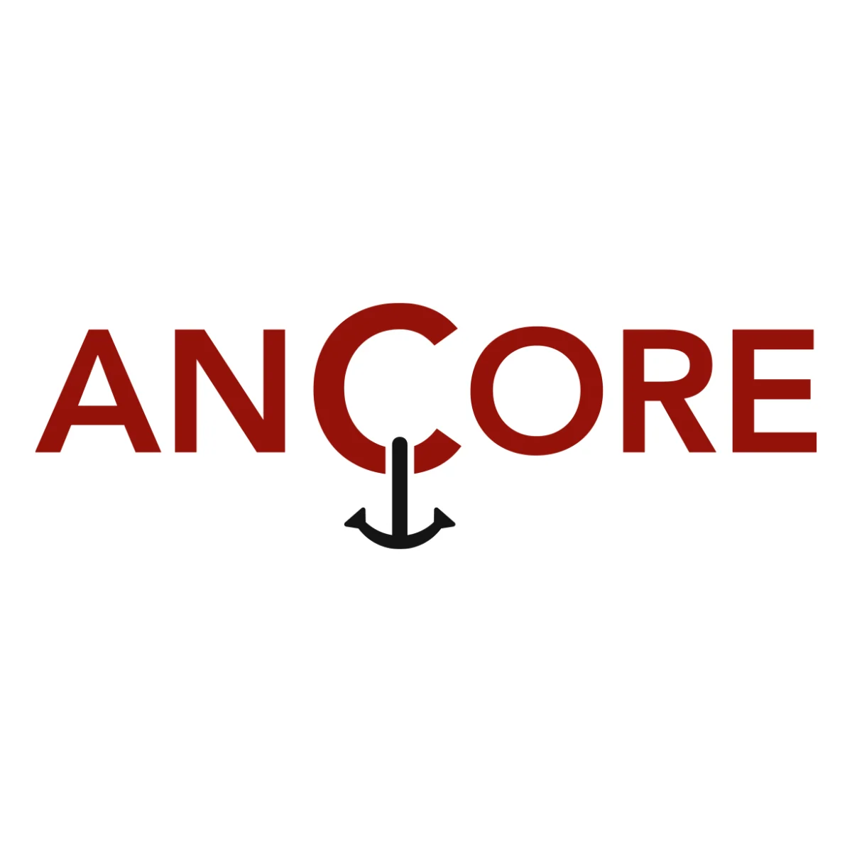 The product name Ancore appears in bold red letters, with the O designed as a black anchor symbol at its base, set against a white background.
