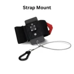 A black Ancore strap mount with a rectangular metal plate, red pull tab, and attached steel cable ending in a black carabiner clip, displayed on a white background with Ancore above.