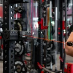 A close-up of a person using the Ancore cable resistance system at a gym, with weights and machines in the background. The cable is attached to a black metal rack featuring numbered height markings.