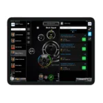 A tablet displays the GymAware Cloud Subscription interface, featuring athlete profiles on the left, a Back Squat workout analysis in the center, and workout options plus a library sidebar on the right.