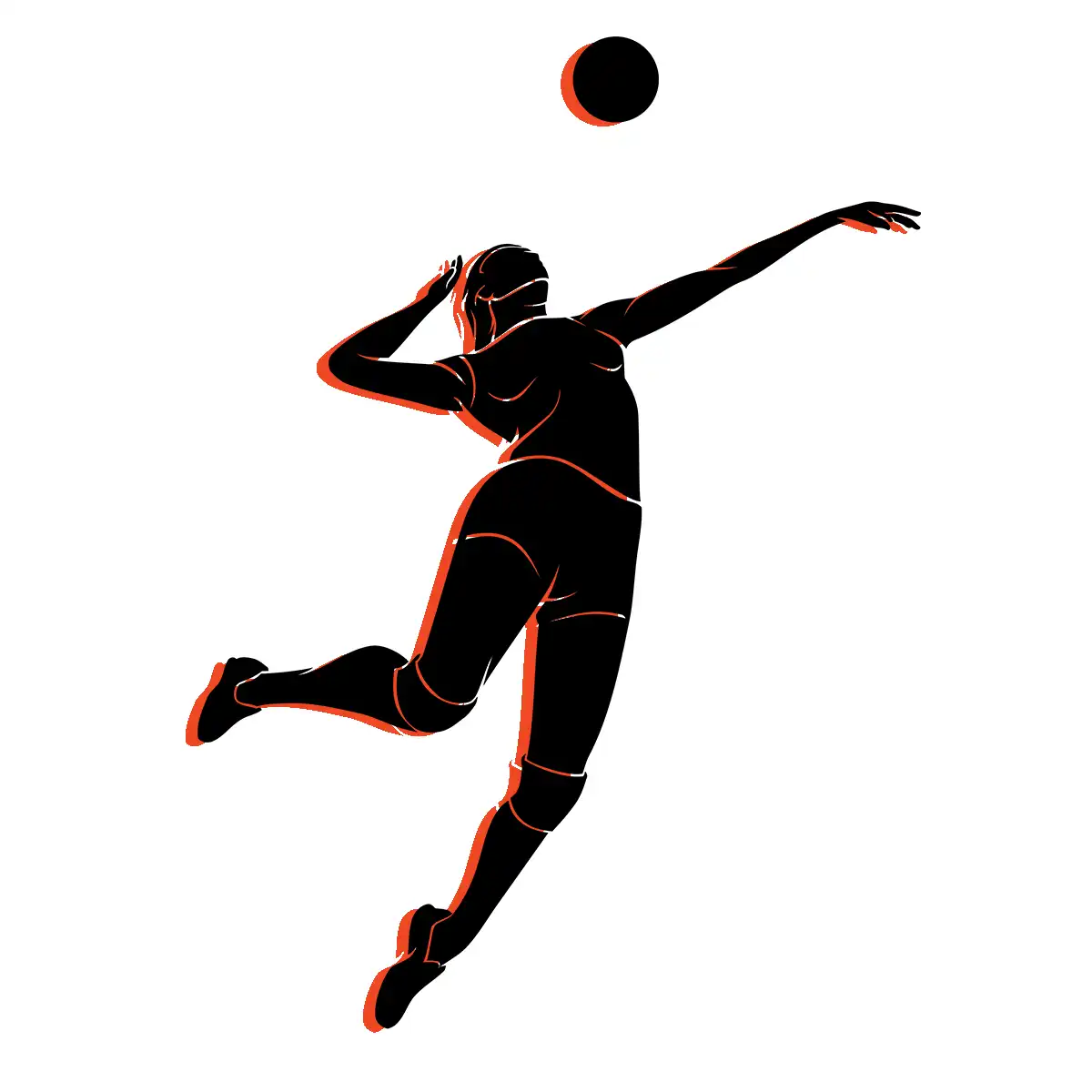 Silhouette of a volleyball player in mid-air, arm extended, about to hit a ball. The image uses black with red highlights on a white background, emphasizing the player’s motion and athletic form.