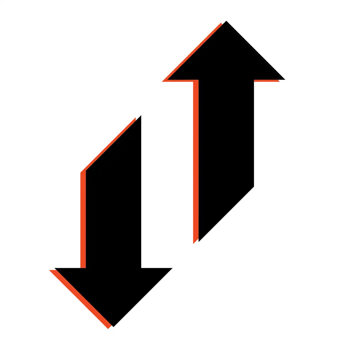 Two large black arrows outlined in red on a white background; one arrow points up and the other points down, both positioned diagonally.