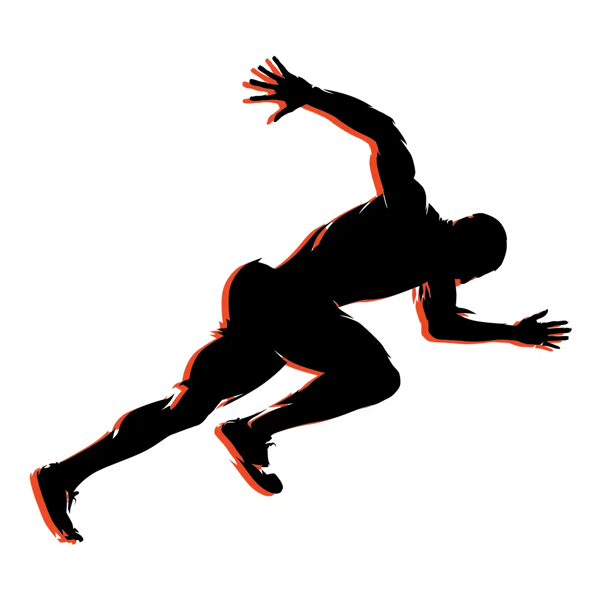 Silhouette of a person in a dynamic sprinting pose, leaning forward with arms bent and one leg extended behind, on a white background with a red outline accent.