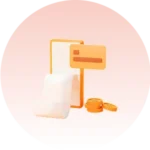 3D illustration of a payment terminal with a receipt, an orange credit card, and stacked coins, set against a gradient pink background.