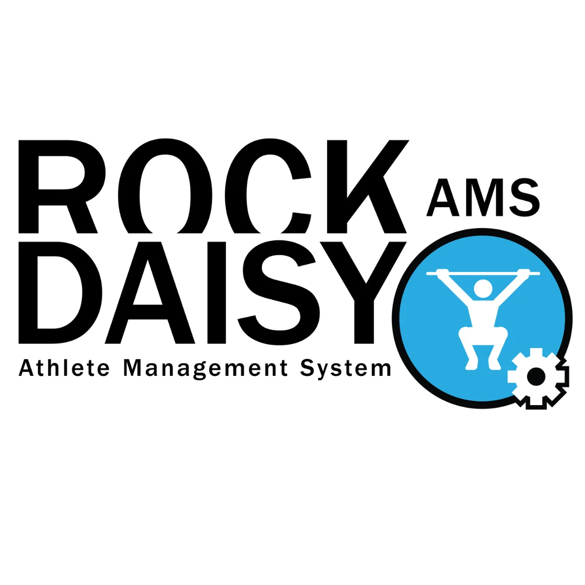 Logo for RockDaisy Athlete Management System with AMS in smaller font. A blue circle shows a white figure lifting a barbell, with a small gear symbol at the bottom right of the circle.