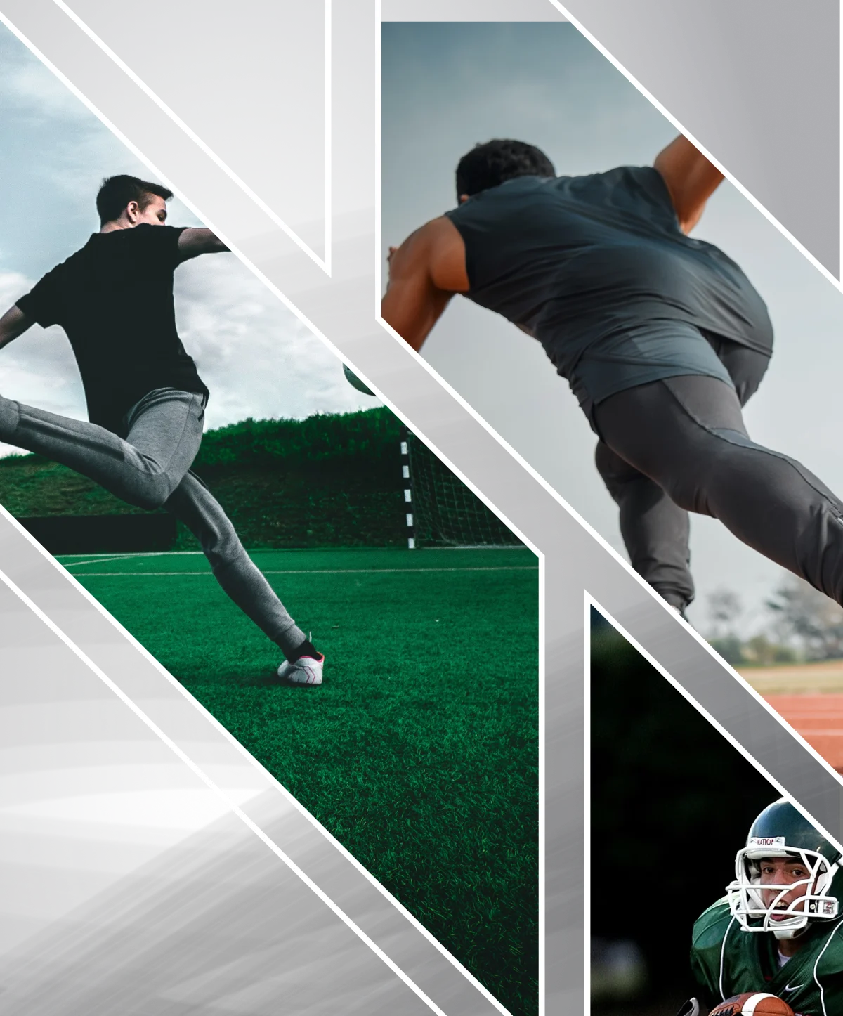 Collage of three athletes: one kicking a soccer ball, one sprinting on a track, and one wearing a football helmet, each shown in geometric panels on a gray abstract background.