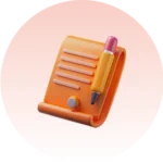3D illustration of an orange notepad with lines and a pink and yellow pencil resting on it, set against a soft pink gradient circular background.