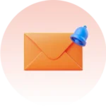 An orange envelope with a blue notification bell attached to its top right corner, set against a soft pink and white gradient circular background.