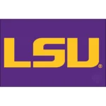 The image shows the LSU logo with bold yellow letters LSU on a solid purple background.