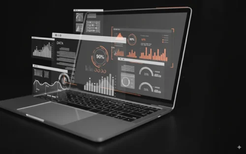 A laptop displaying futuristic holographic data visualizations, including bar charts, pie graphs, and analytics dashboards, with orange and white accents on a dark background.