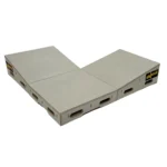 The Skyhook Modular Plyo Box is an L-shaped wooden platform with cutout handles, Skyhook branding on the sides, and three light-colored flat sections joined together.